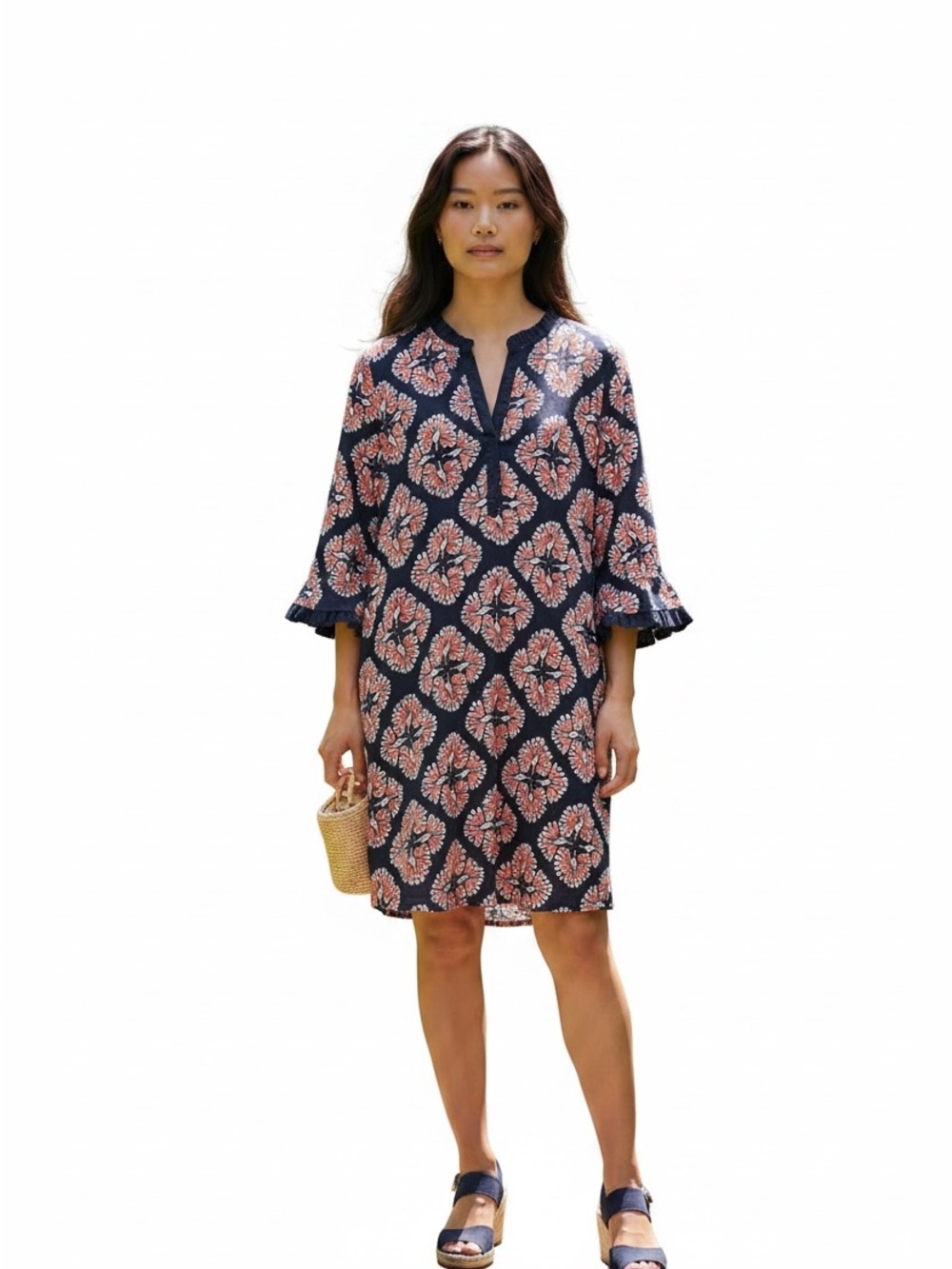 crown & ivy Navy Shift Dress with Orange and Light Blue Peacock Print
Size 12